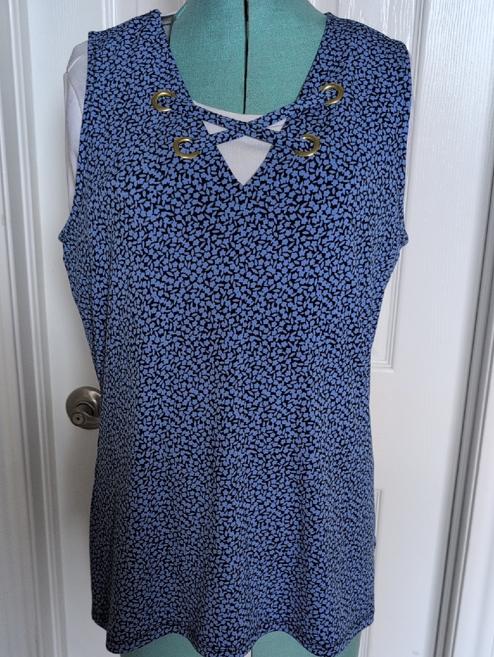 Michael Kors Blue Micro-Print Lace-Up V-Neck Sleeveless Top